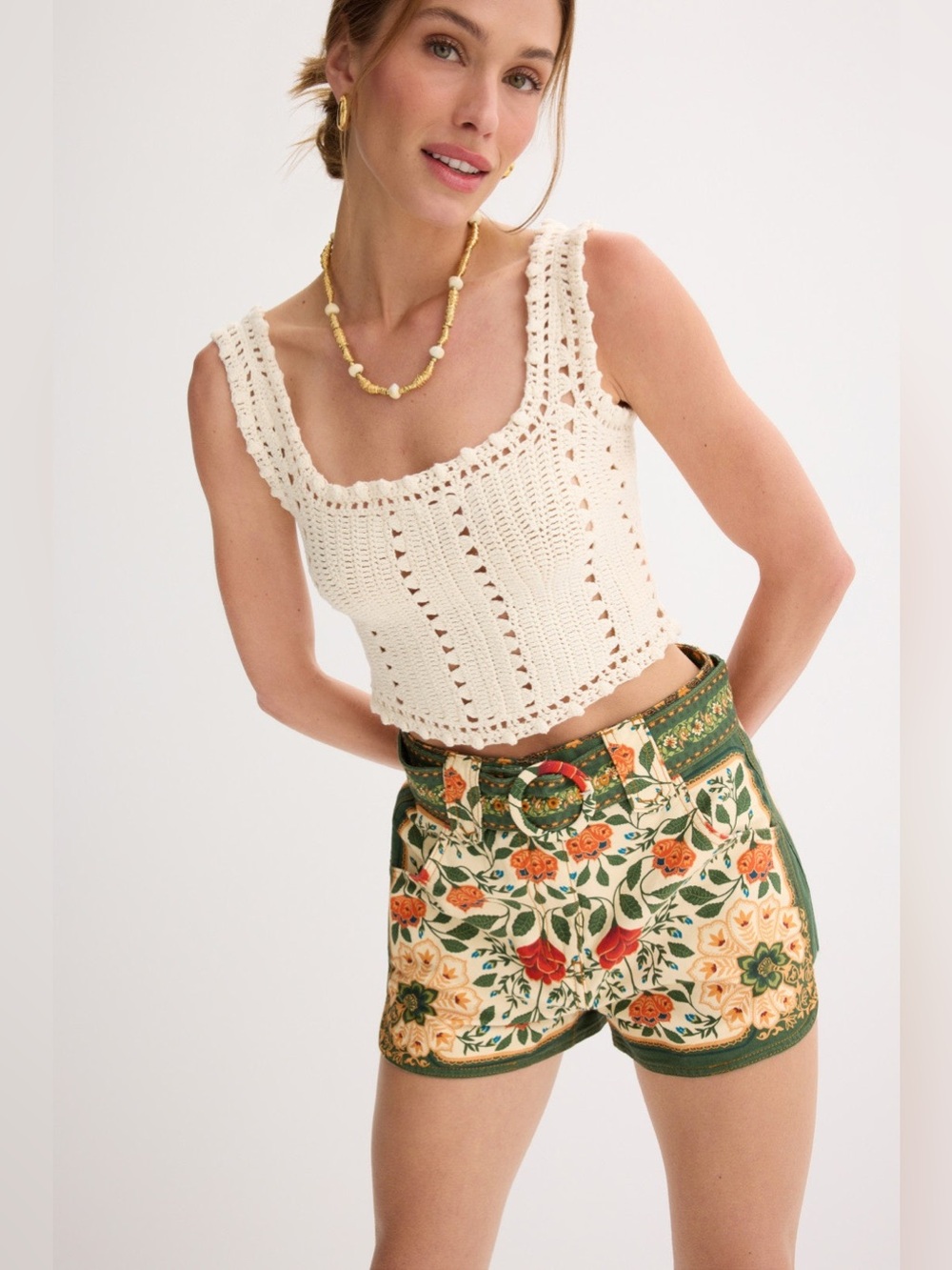 FARM Rio Sand Garden Tapestry Belted
Cotton Twill Shorts